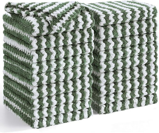 Homaxy 18 Pack Kitchen Dish Cloths, Ultra Soft and Absorbent Dish Towels, Reusable Fast Drying Microfiber Cleaning Cloth, Coral Velvet Wave Design No-lint,10 x 10 inches, Grass Green