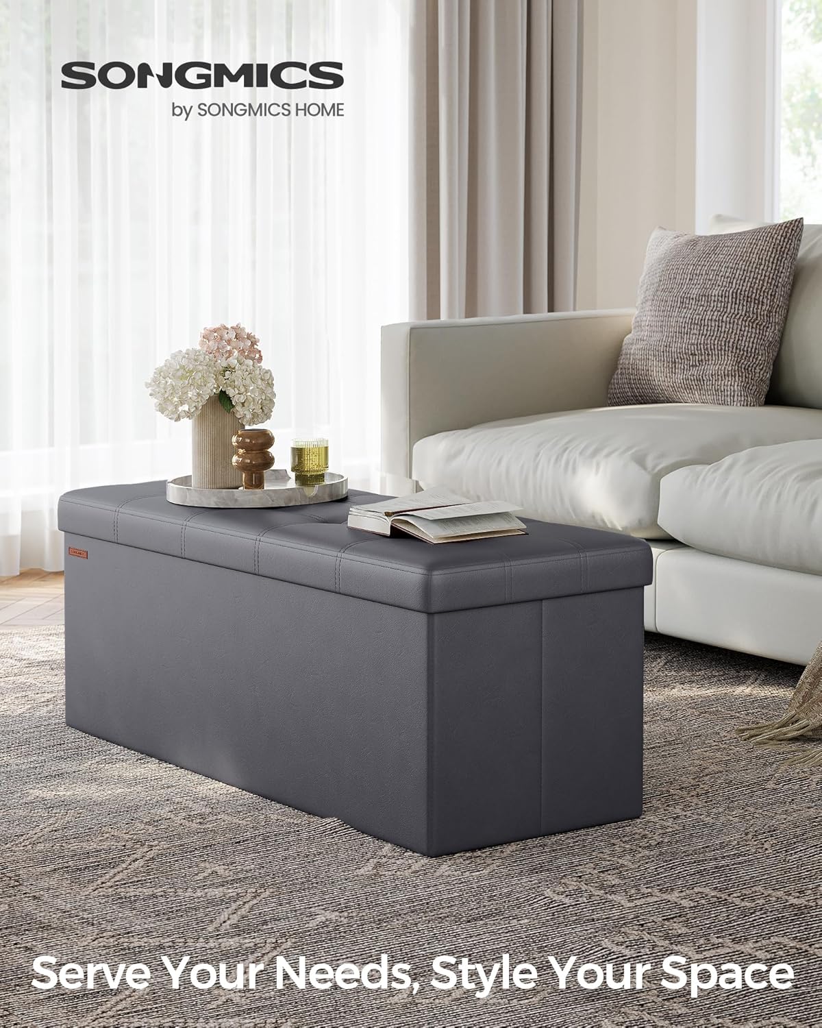 SONGMICS Mazie Collection - 43 Inches Folding Storage Ottoman Bench, Ottoman with Storage, Foot Rest Stool, Load 660 lb, for Living Room, Synthetic Leather, Dark Gray ULSF070G01