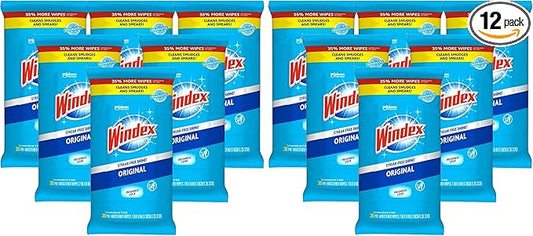 Windex Wipes Glass Cleaning, Pre-Moistened Glass and Surface Wipes to Clean Home Surfaces, Household Essentials, Original Scent, 38 Count (Pack of 12)