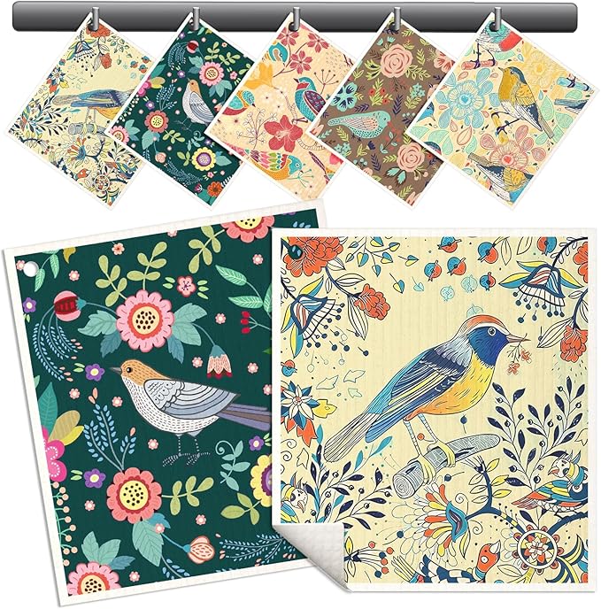 Swedish Dishcloths for Kitchen - 5 Pack Reusable Dish Cloths for Washing Dishes Absorbent Cute Funny Kitchen Towels Cleaning Sponge, Flower Bird