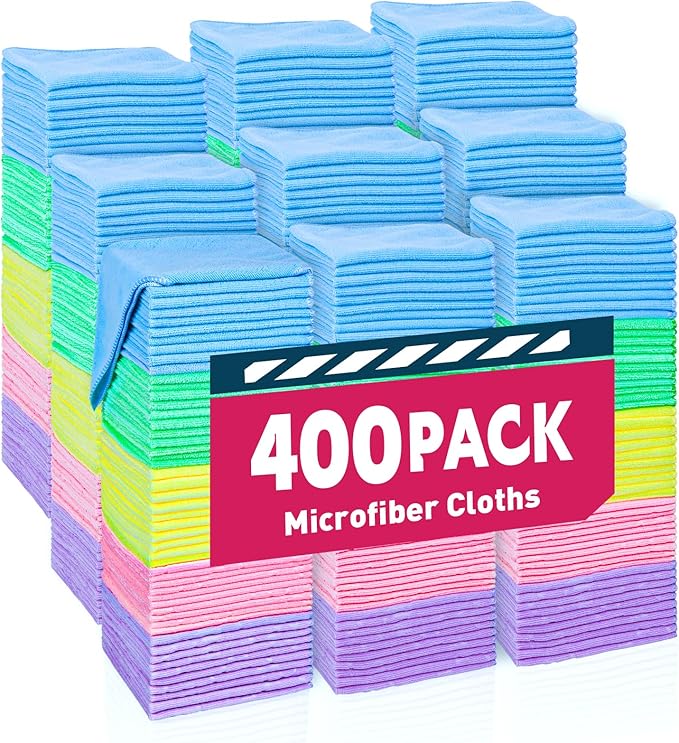 Microfiber Towels Bulk-400 Pack, Cleaning Cloths, Microfiber Towels for Cars, Cleaning Rags 5 Colors Assorted (11.5x11.5 inches)