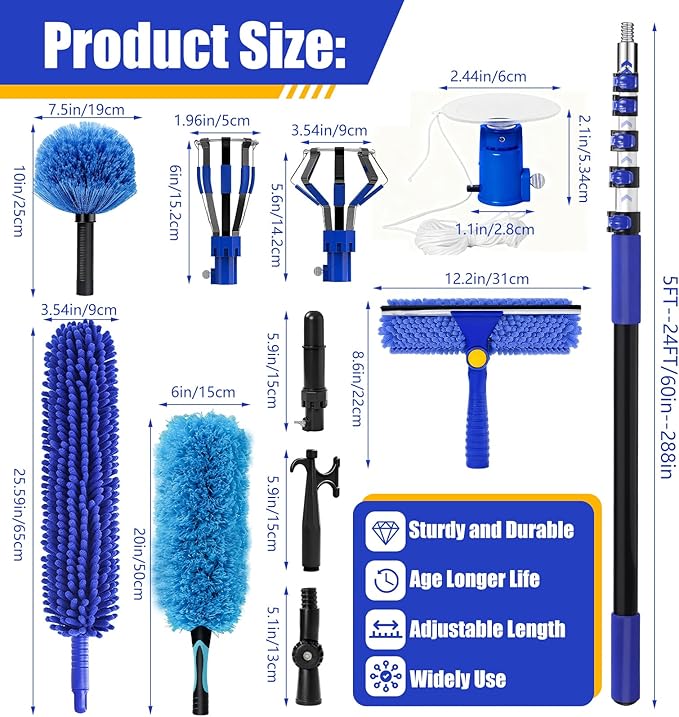 30FT Light Bulb Changer for High Ceilings with 5-24FT Heavy Duty Extension Pole,High Ceiling Fan Duster Extendable Reusable Cobweb,Feather,Window Cleaning Squeegee Kit for Home & House,Interior Roof
