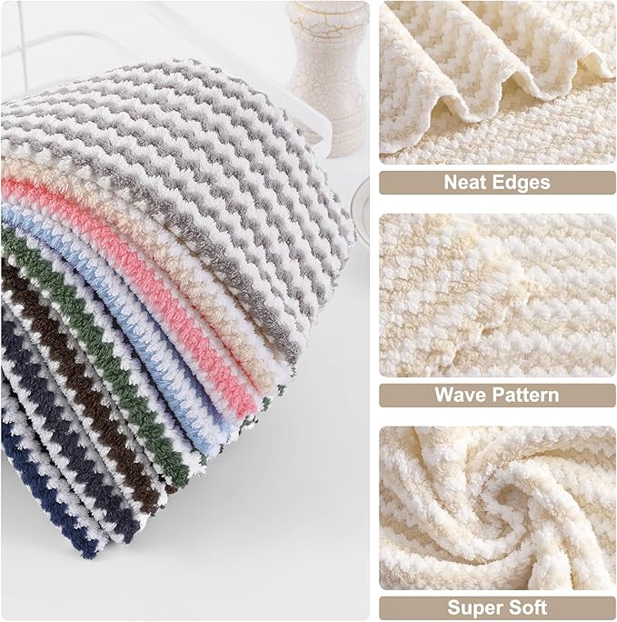 Homaxy 18 Pack Kitchen Dish Cloths, Ultra Soft and Absorbent Dish Towels, Reusable Fast Drying Microfiber Cleaning Cloth, Coral Velvet Wave Design No-lint,10 x 10 inches, Beige
