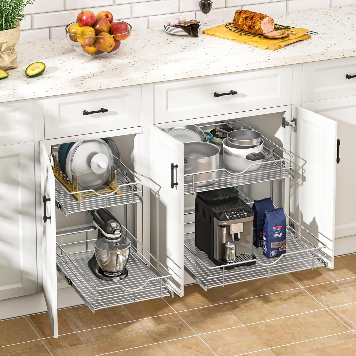 WelFurGeer 2-Tier Stainless Steel Pull Out Cabinet Organizer, Soft Close Damping Slides, Heavy Duty Chrome Plated Wire Basket with Shelf Liner, Perfect for Kitchen Cabinets, Pantry Storage, Under Sink