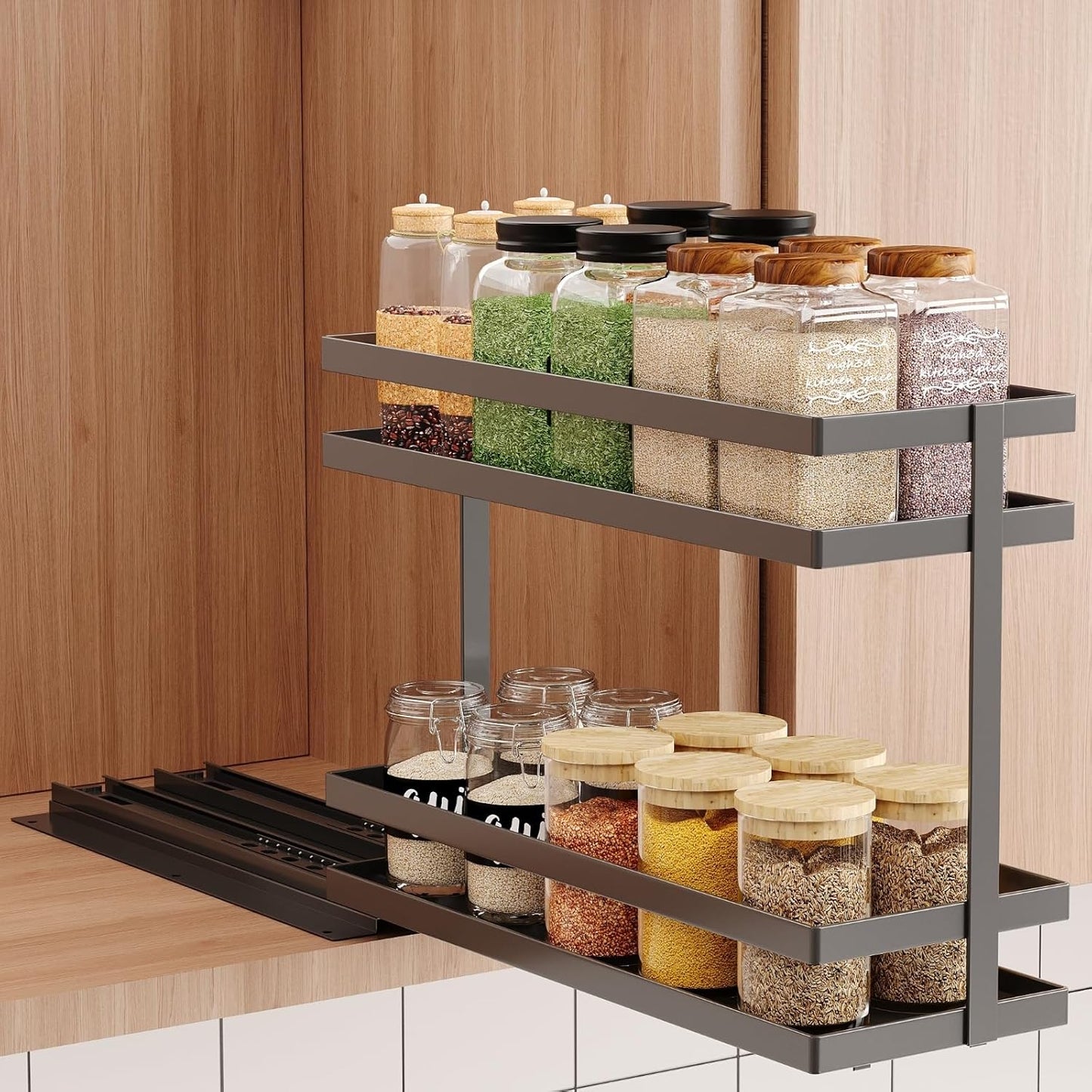 Pull Out Spice Rack Organizer for Cabinet, 2 Tier Metal Slide Out Seasoning Organizer and Storage Heavy Duty Vertical Spice Rack Shelf Pullout for Kitchen Cabinets No Drilling(1 Pack, Black)