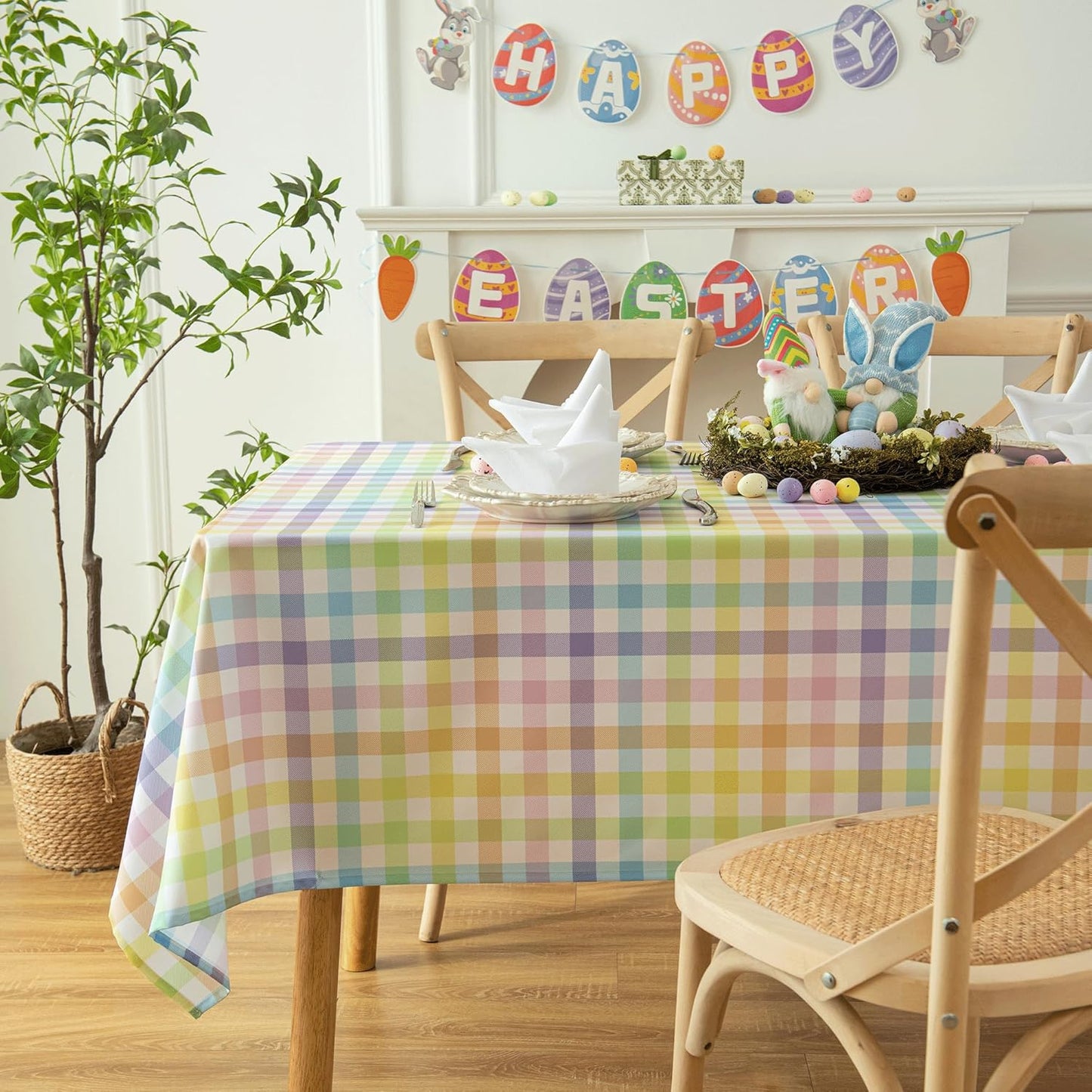 Waterproof Plaid Easter Tablecloth Fabric - Spring Square 58x58 Inch Classic Gingham Checker Holiday Table Cloth for Indoor Outdoor Use - Table Cover for Picnics, BBQs, and Parties