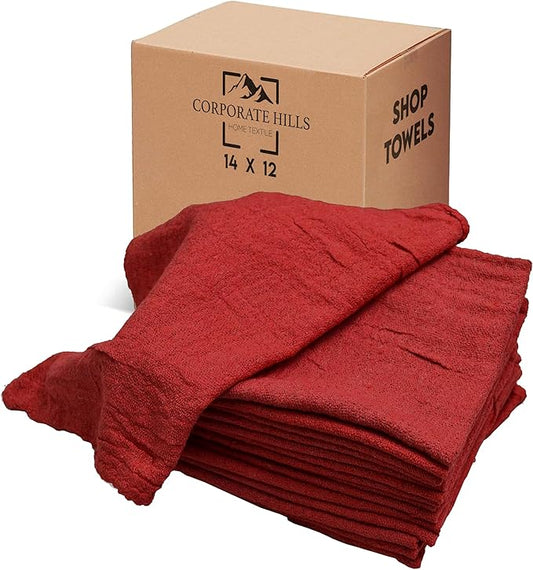 Cotton Shop Towel – Multipurpose Cleaning Cloths (14" x 12" - Pack of 100 - Red) Reusable Shop Rags for Automobiles, Industrial, Restaurants, Garage, and Homes