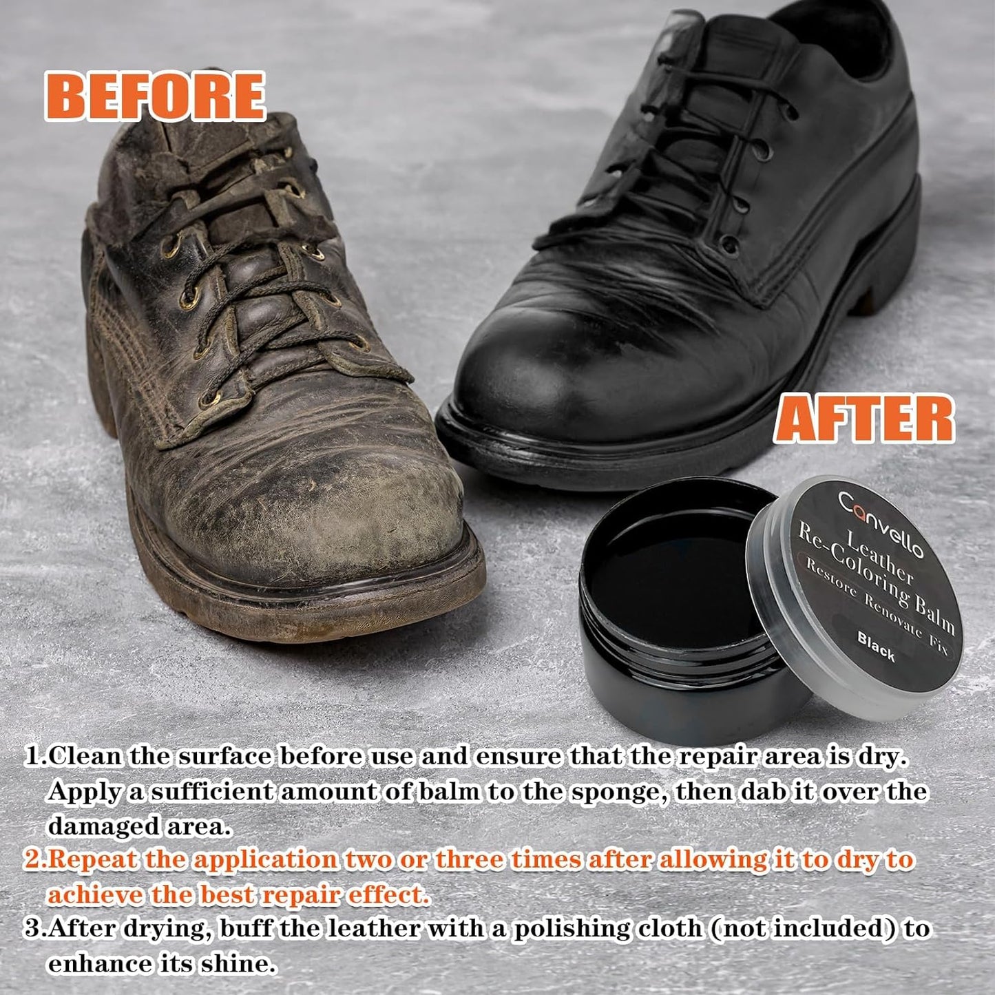 Black Leather Repair Kit, Black Leather Recoloring Balm, Leather Dye - Restore & Renew Scratch, Faded and Aged Leather & Vinyl Couches, Boots, Car Seats or Leather Furniture