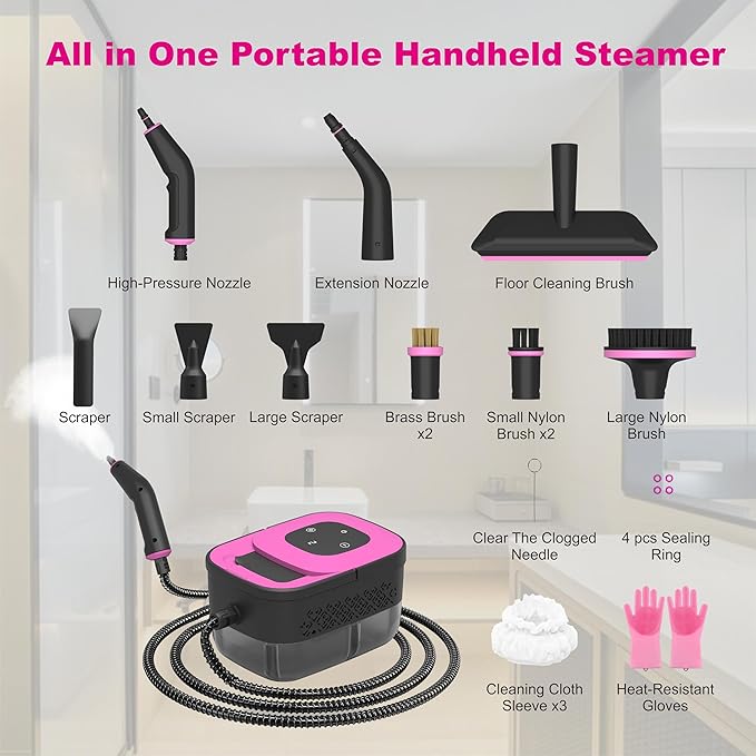 Portable Steam Cleaner for Cleaning with 16pcs Accessories, 6-Level Adjustable, 15s Heat-Up, Handheld Steam Cleaner for Home, Tile, Grease, Dirt, Car Detailing, Lightweight Design for Women& Girls
