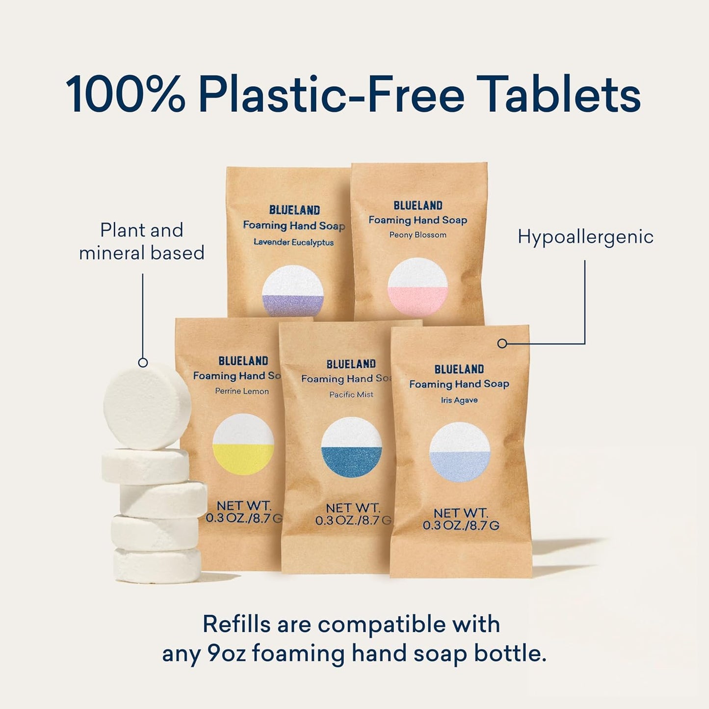 BLUELAND Foaming Hand Soap Refill Tablets, 10-Pack, Pacific Mist Scent, Eco Friendly Cleaning Products, 10 x 9 Fl oz