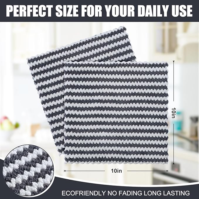Homaxy 12 Pack Kitchen Dish Cloths, Ultra Soft and Absorbent Dish Towels, Reusable Fast Drying Microfiber Cleaning Cloth, Coral Velvet Wave Design No-lint, 10 x 10 inches, Dark Grey