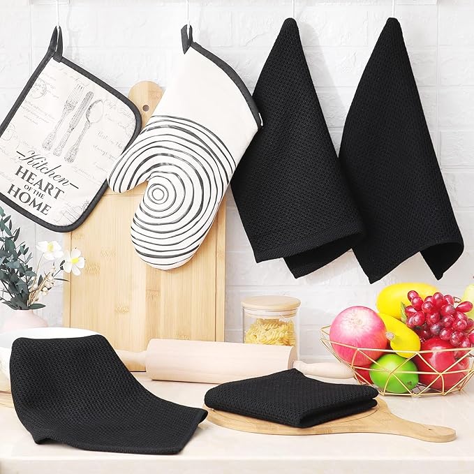 Homaxy 100% Cotton Waffle Weave Kitchen Dish Cloths, 7-Pack Ultra Soft Absorbent Dish Towels, Quick Drying Dish Rags, 12 x 12 Inches, Black