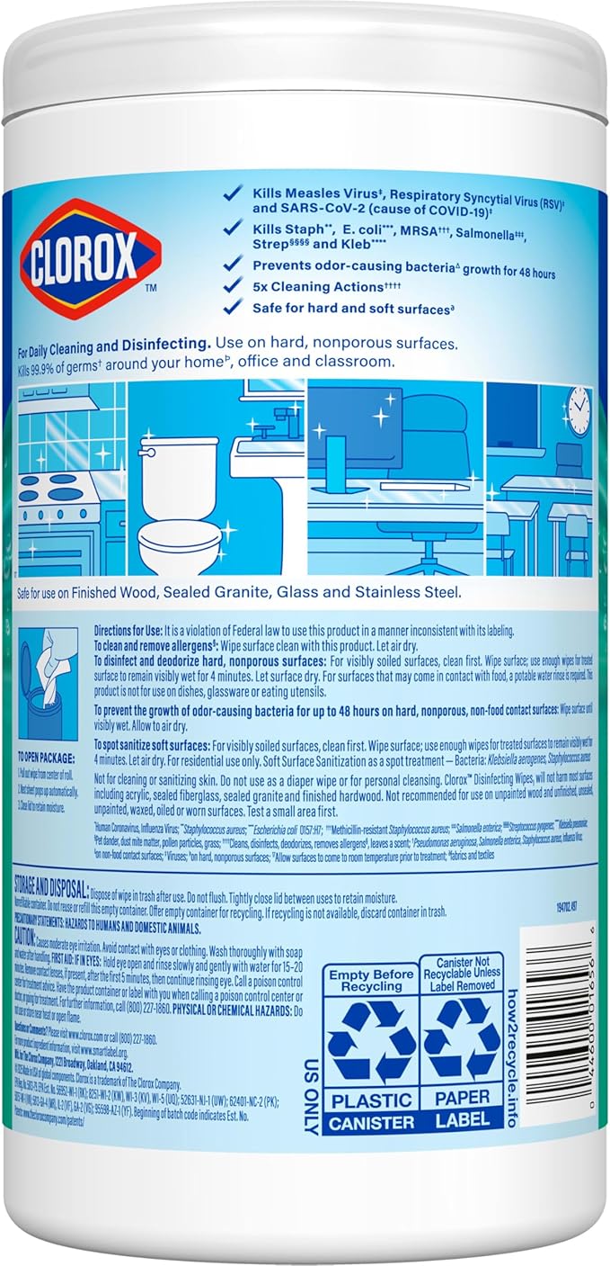 Clorox Disinfecting Cleaning Wipes, Bleach Free, Fresh Scent, 75 Count, Pack of 6 (Pack May Vary)