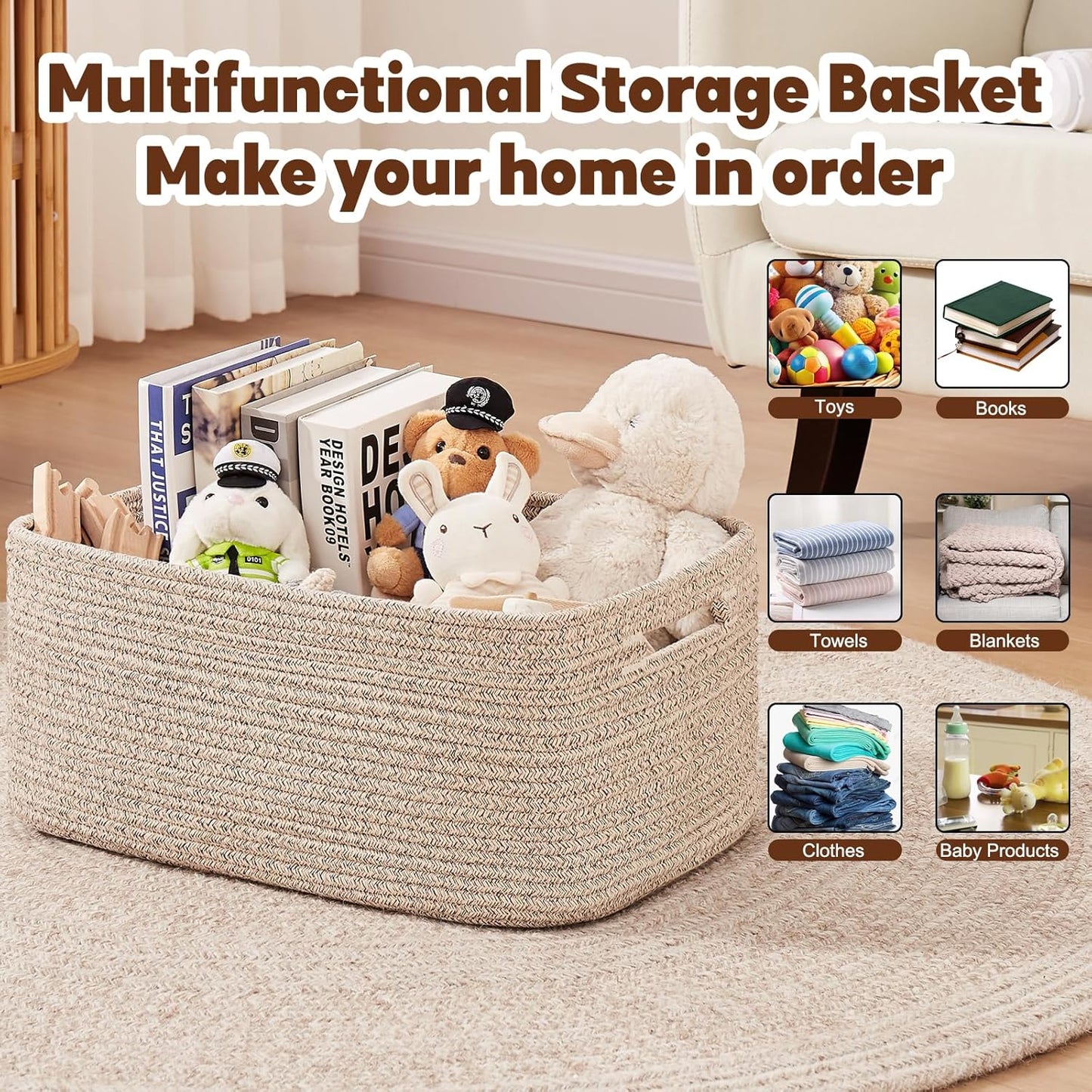 OIAHOMY Storage Basket for Shelves, Closet Cube Storage Bins Baskets for Clothes Blanket Towels, Baby Nursery, Toy Baskets Box, Woven Rope Basket, 17.72*12.99*7.87 IN, 2 Packs Brown