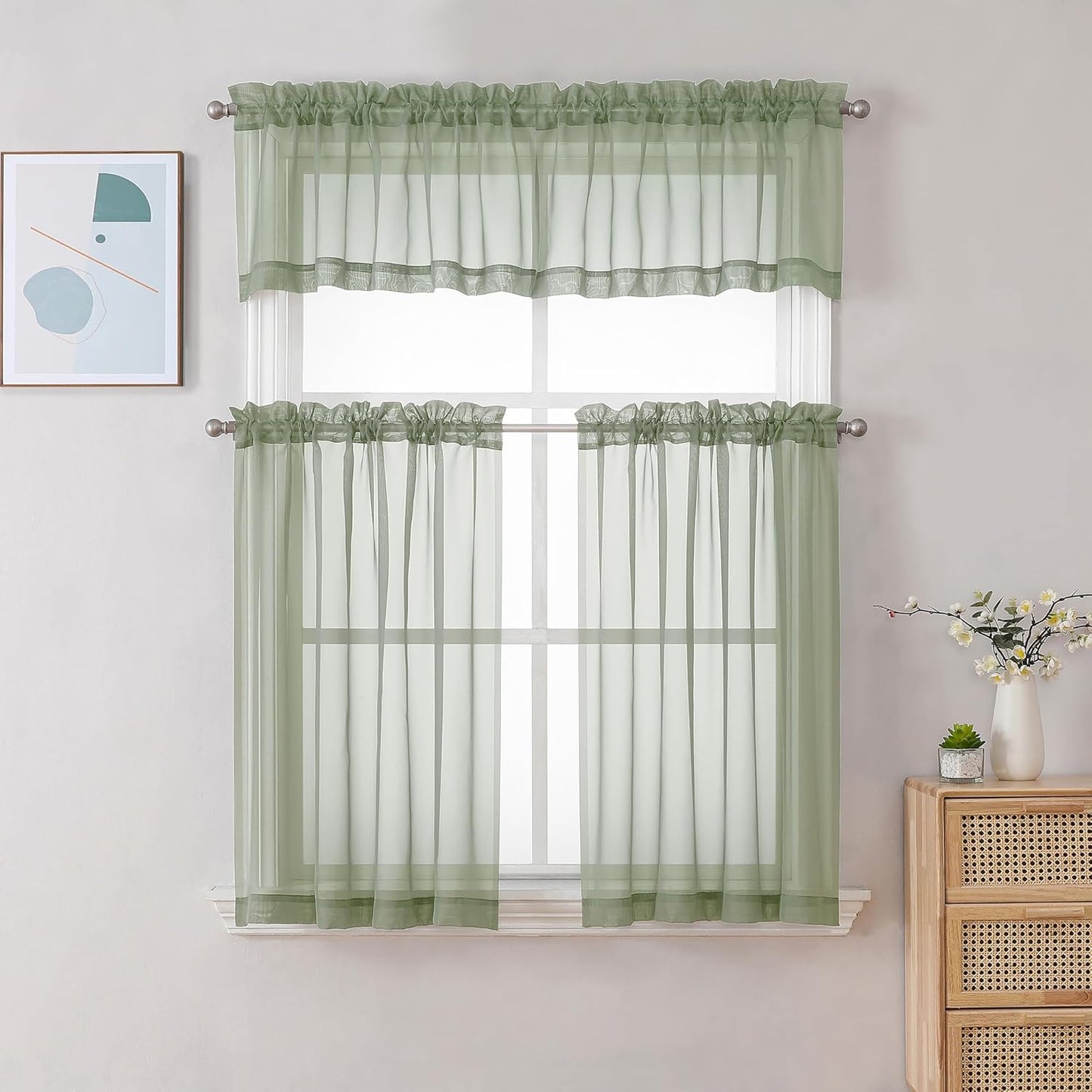 Chyhomenyc Sheer Sage Green Valances for Windows 2 Pack, Small Window Curtains for Living Room Bathroom Cafe Laundry Basement, Modern Top Dual Rod Pocket Voile Curtain, 42W x 18L inches, Sage Green