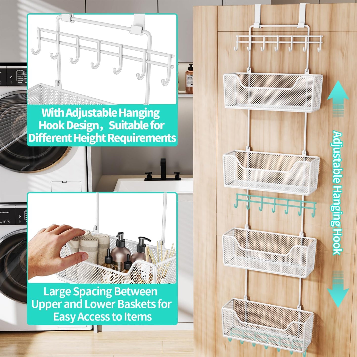 HapiRm Over Door Organizer Storage - Hanging Door Organizer with 4 Metal Large Capacity Baskets and Adjustable Coat Hook for Bathroom Bedroom Kitchen Pantry Closet Cabinet