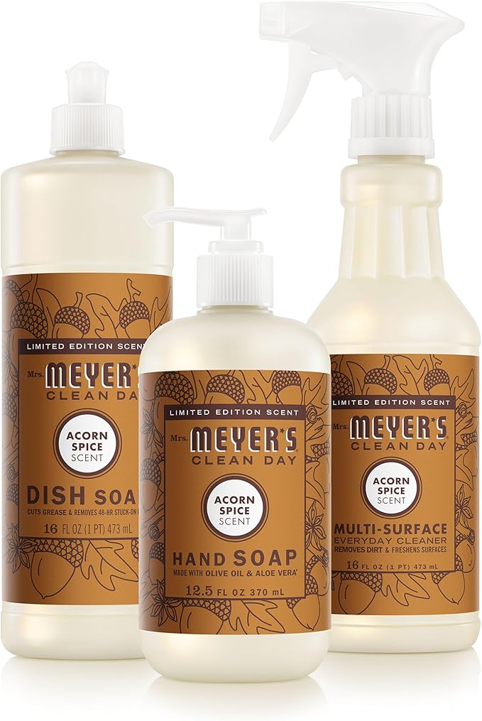 Mrs. MEYER'S CLEAN DAY Kitchen Basics Set, Acorn Spice Scent Cleaning Supplies includes Hand Soap (12.5 Fl Oz), Dish Soap (16 Fl Oz) and Multi-Surface Cleaner (16 Fl Oz)