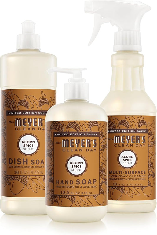 Mrs. MEYER'S CLEAN DAY Kitchen Basics Set, Acorn Spice Scent Cleaning Supplies includes Hand Soap (12.5 Fl Oz), Dish Soap (16 Fl Oz) and Multi-Surface Cleaner (16 Fl Oz)