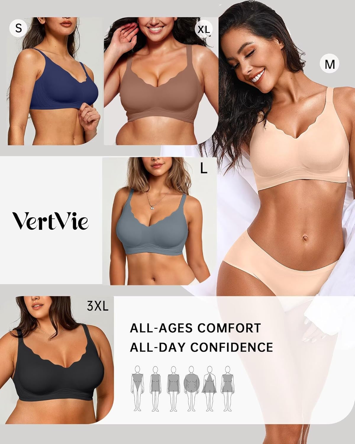 Vertvie Womens Seamless Bras No Underwire Supportive Wireless Push Up Full Coverage Bralette Comfort Scalloped T-Shirt Bra