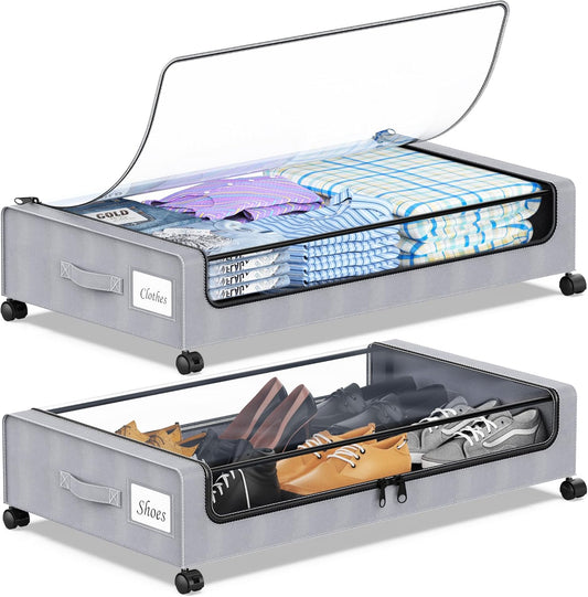 Under Bed Storage with Wheels, 2-Pack Under the Bed Storage Containers with Clear Lids & Label, Underbed Storage Bins, XXL 60L Rolling Metal Drawer for Clothes, Shoes, Toys, Books - Gray