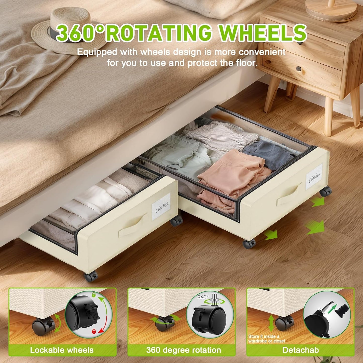 Under Bed Storage with Wheels, Under the Bed Storage Containers with Clear Lids & Label, Underbed Storage Bins, XXL 60L Rolling Metal Drawer for Clothes, Shoes, Toys, Books (Beige)