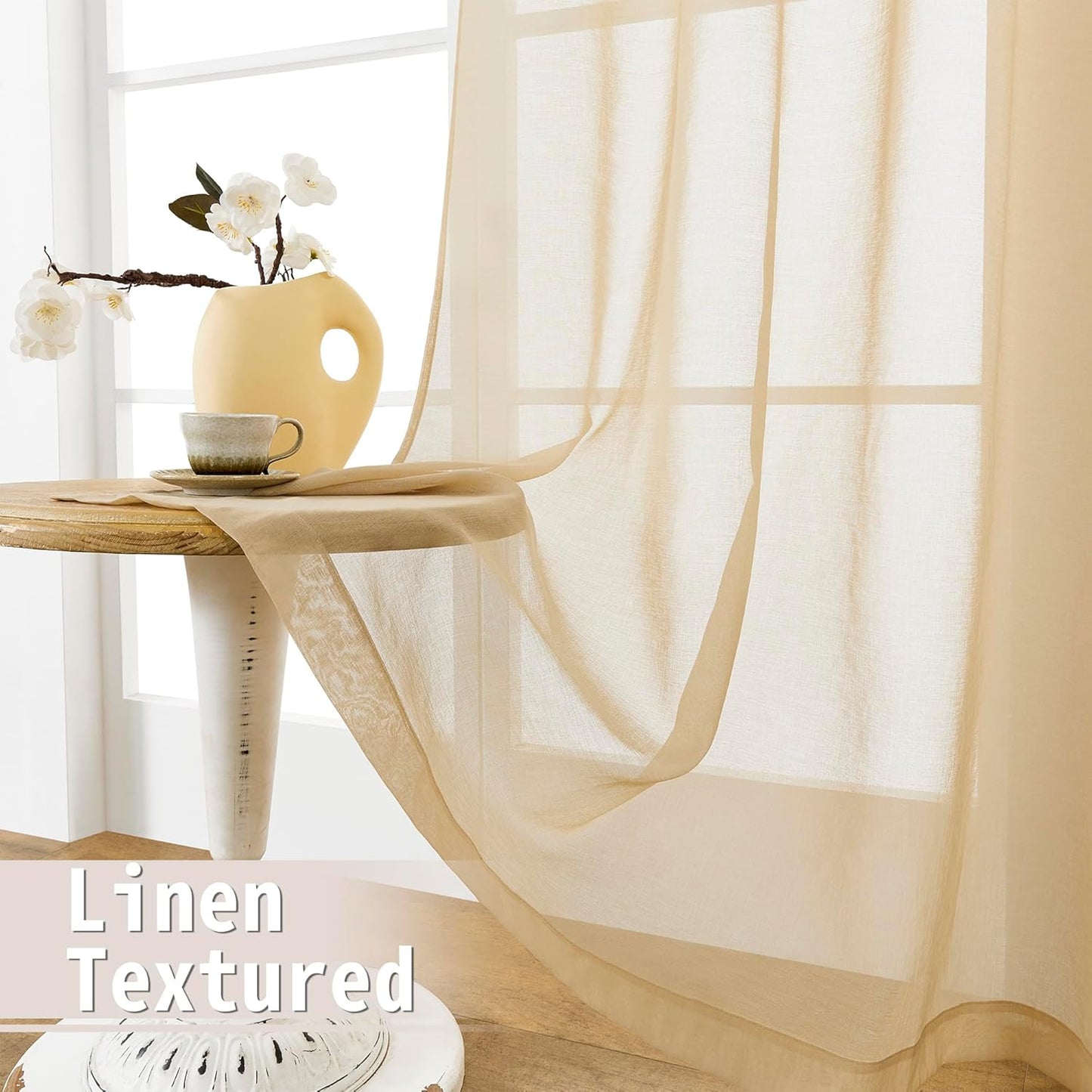 Tollpiz Short Sheer Linen Textured Curtain Sheers Doorway Light Filtering Voile Patio Glass Door Rod Pocket Curtains French Door, 54 x 54 inches Long, Beige, Set of 1 Panel