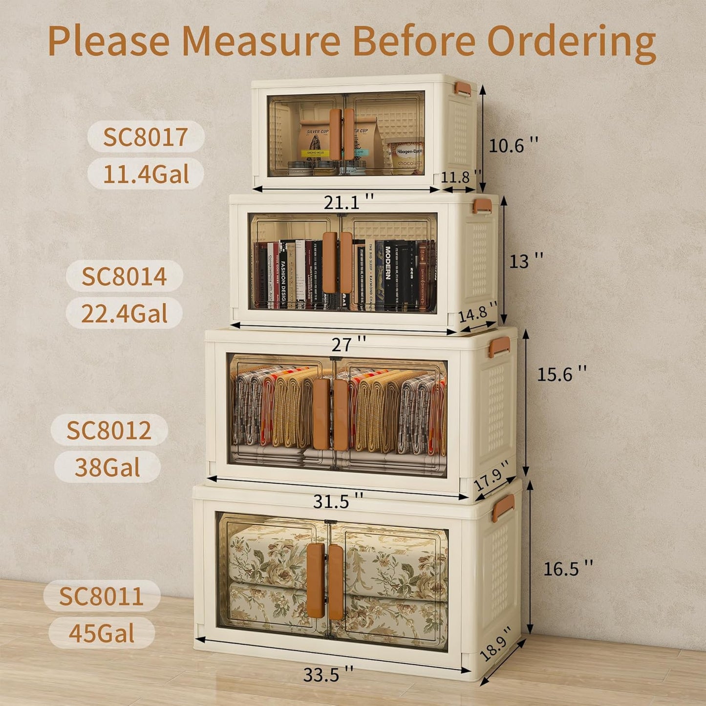 Plastic Stackable Storage Bins with Lids and Wheels, Closet Organizers and Storage Containers for Bathroom, Collapsible Clear Drawer Storage Cabinet with Doors 38Gal 2Tiers