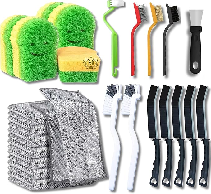 Cleaning Supplies - 27Pcs Cleaning Tools - 5 Scrub Sponges, 12 Crevice Cleaning Brush, 10 Non Scratch Wire Dishcloth. Smart Kitchen Tools, Bathroom & Kitchen. Home Must Haves.