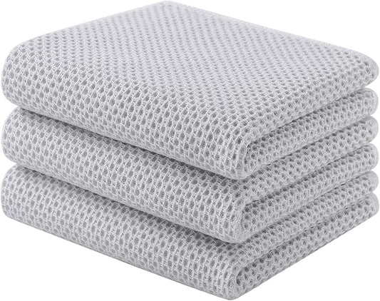 Homaxy 100% Cotton Waffle Weave Kitchen Towels, 3-Pack Ultra Soft Absorbent Dish Towels, Quick Drying Cleaning Towels, 13 x 28 Inches, Light Gray