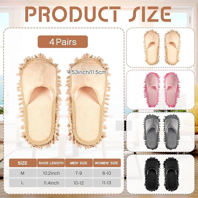 Jecery 4 Pair Washable Microfiber Mop Slippers Detachable Dusting Shoes for Floor Cleaning, Office & Home Use Suitable for Women & Men(Black, Pink, Beige, Gray,L Size)