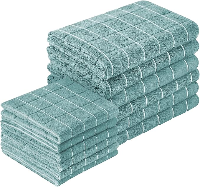 Microfiber Kitchen Towels and Dishcloths Set, 26 X 18 Inch and 12 X 12 Inch, Set of 12 Bulk Lint Free Dish Towels for Drying Dishes, Lake Blue