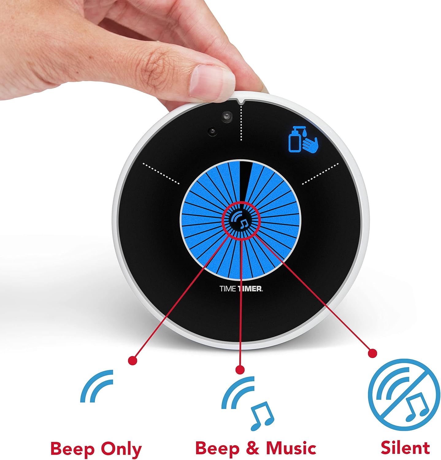 TIME TIMER WASH — 30 Second Visual Timer Promoting Proper Hand Washing for Preschool, Kindergarten and Adults, Hands Free, Touch-Less Handwashing, Bathroom Timer with Optional Music Sound