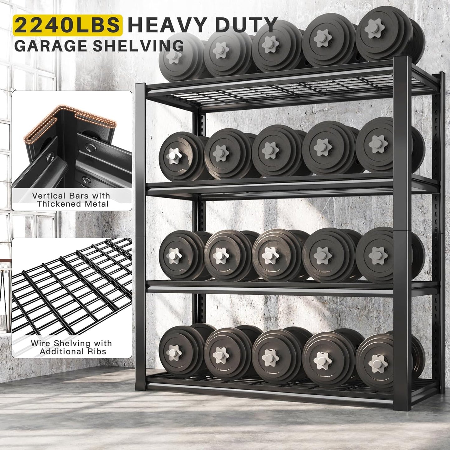 REIBII 40" W Garage Shelving 2240 LBS Storage Shelves Adjustable Metal Shelving Heavy Duty 4 Tier Metal Shelves for Garage Kitchen Pantry Warehouse Basement 40" W × 19.5" D × 59.5" H