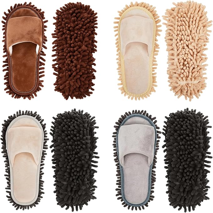 Jecery 4 Pair Washable Microfiber Mop Slippers Detachable Dusting Shoes for Floor Cleaning, Office & Home Use Suitable for Women & Men(Blue,Beige,Brown, White,M Size)