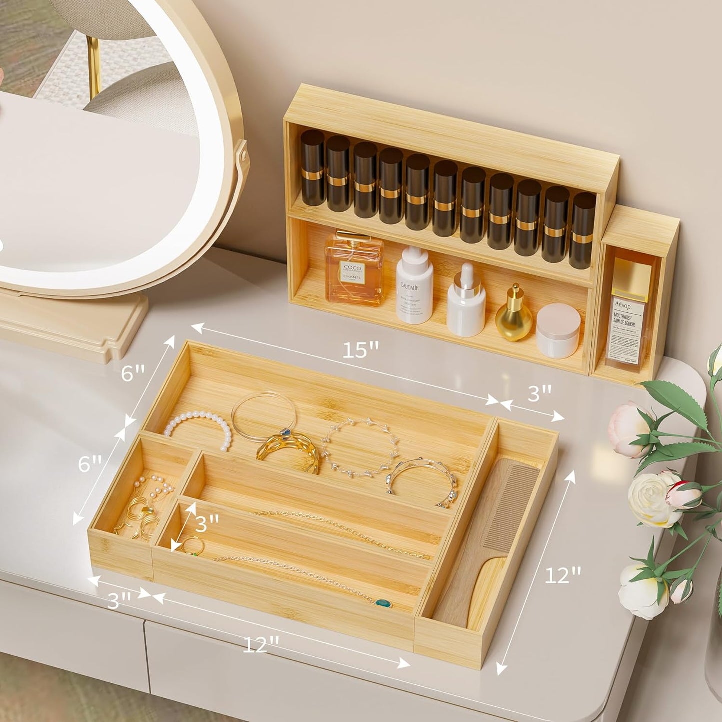Kitchen Drawer Organizer Bins, Stackable Bamboo Deep Drawer Organizer for Silverware, Utensils, Cutlery, Flatware, Junk Drawer, Dresser, Bathroom, 6" x 3" x 2.5" (Set of 2)