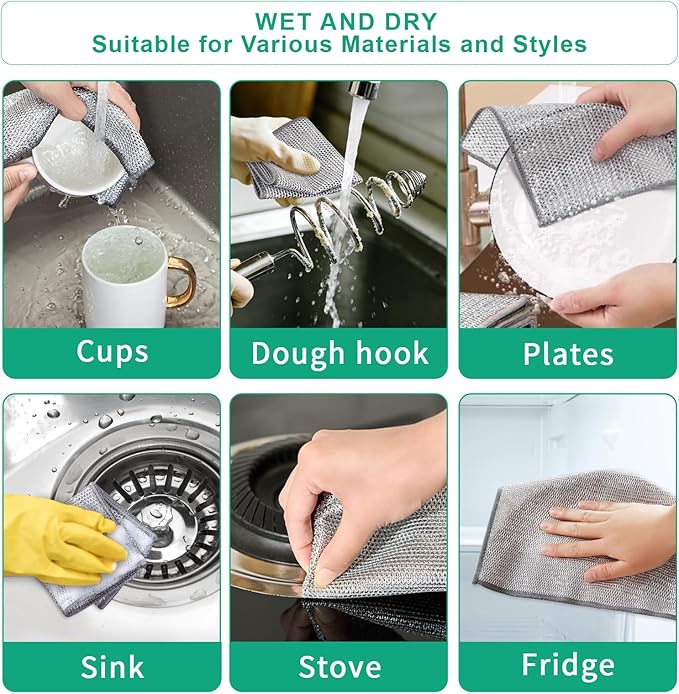 10Pcs Multipurpose Wire Dishwashing Rag, Reusable Non-Scratch Wire Dishcloth, Metal Dish Cloth Wet and Dry for Kitchen Cleaning, Sinks, Dishes, Stove Top, Dimensions(7.87X7.87)