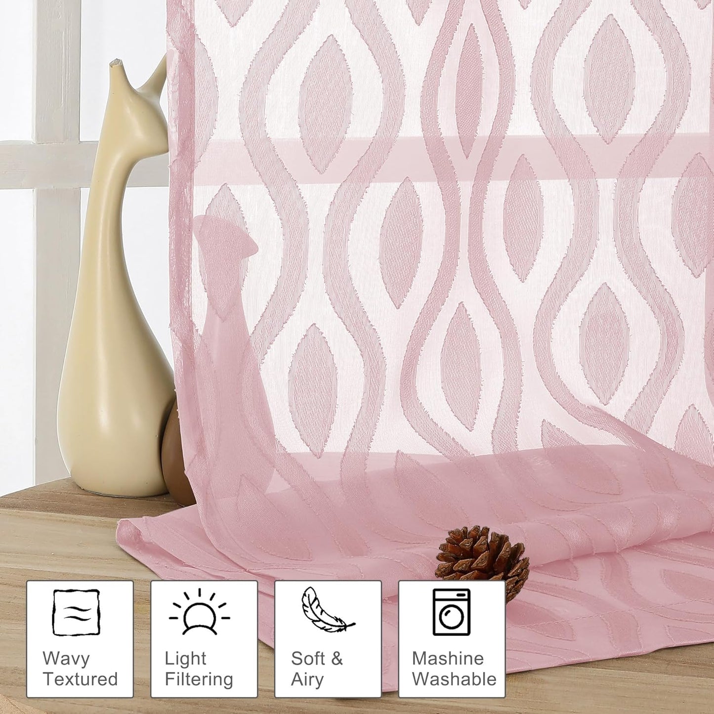 Aiyufeng Blush Pink Sheer Curtains 84 Inches Long 2 Panels Set, Soft Airy Lightweight Transparent Wavy Line Jacquard Farmhouse Curtians for Bedroom Living Room, Dual Rod Pocket, Total 80 inches Width