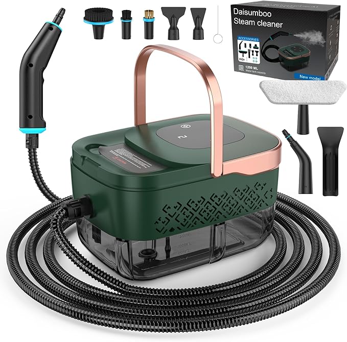 Steam Cleaner, 2500W Home Handheld Grout Steam Cleaning Machine with 1.32QT Transparent Tank & 10 Attachments for Range Hood, Stove, Tile, Upholstery, Car Detailing & More (Green/Gold)