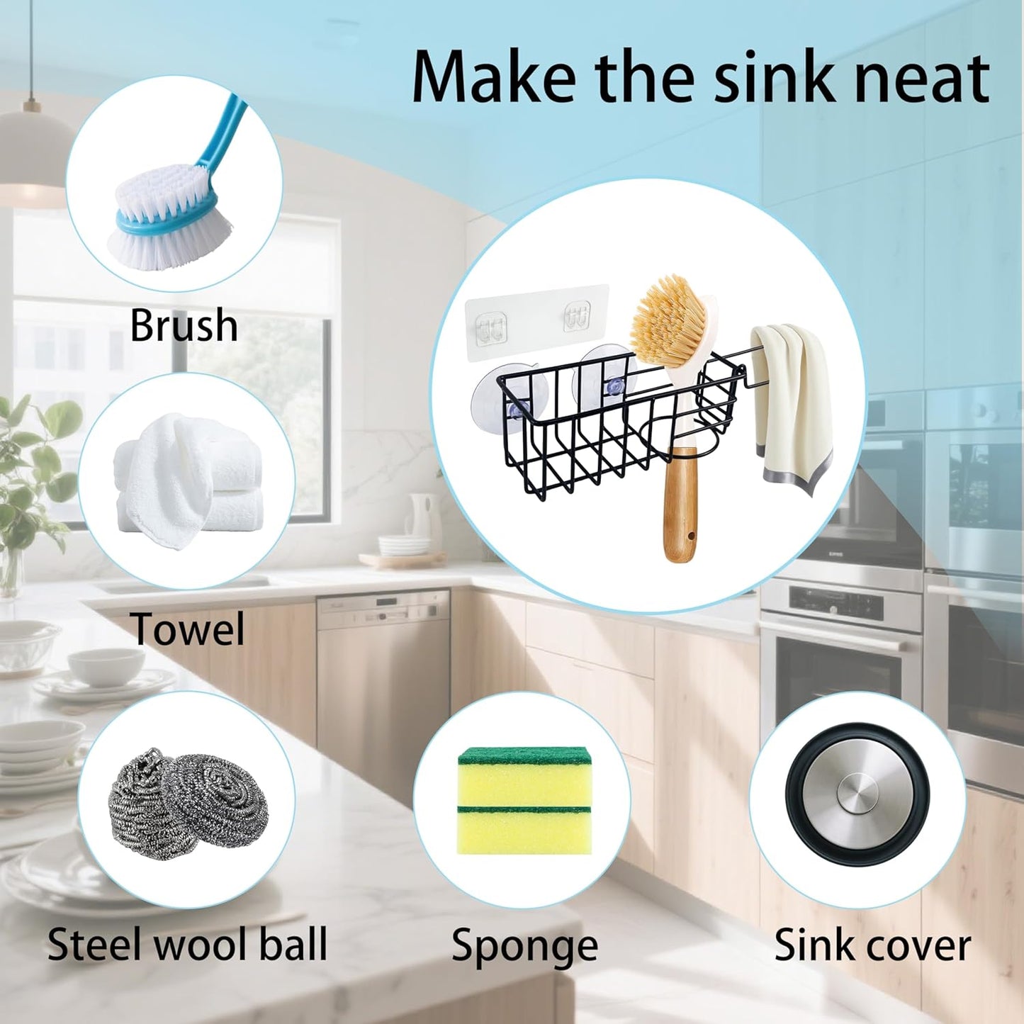 Sponge Holder with Dish Cloth Hanger for Kitchen Sink, In-sink Caddy Organizer with Suction Cups & Adhesive Strips, Rustproof Sponge Rack for Soap, Brush, Scrubber - Black（3 Pack）