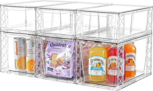 6Pack Pantry Organizers and Storage,Clear Stackable Kitchen Storage Organizer,Foods Organizer Bins with Handles, Easily Assemble for Bathroom, Kitchen, Refrigerator, Pantry, Cabinet, Closet