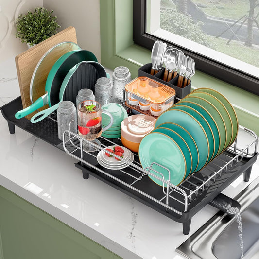 Expandable Dish Drying Rack, Foldable Dish Rack for Kitchen Counter, Stainless Steel Collapsible Dish Drainer Racks with Cutlery Holder, Black