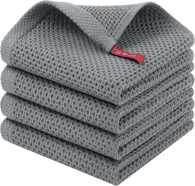 Homaxy 100% Cotton Waffle Weave Kitchen Dish Cloths, 4-Pack Ultra Soft Absorbent Dish Towels, Quick Drying Dish Rags, 12 x 12 Inches, Grey