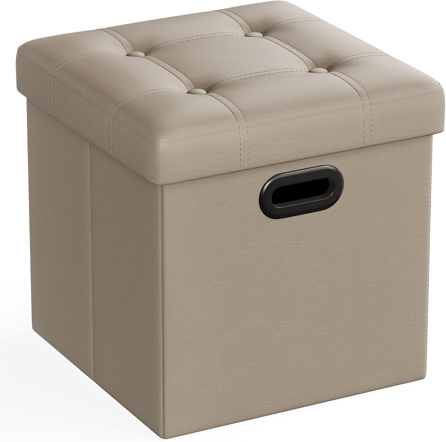 SONGMICS Mazie Collection - 15 Inches Ottoman with Storage, Footstool, Storage Ottoman with Metal Handles, Load 660 lb, for Dorm, Living Room, Bedroom, Synthetic Leather, Camel Brown ULSF030K03