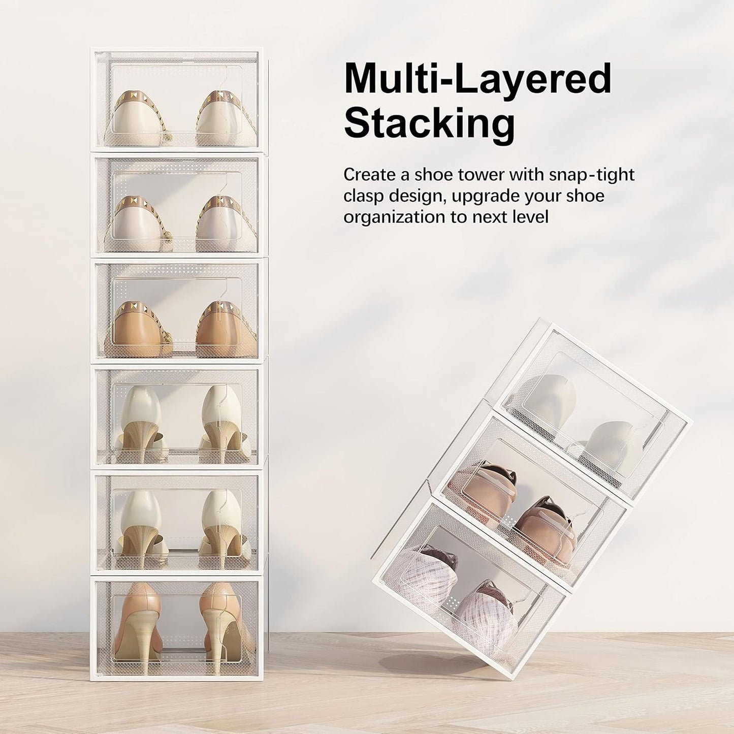 SEE SPRING 12 Pack Shoe Storage Box, Clear Plastic Stackable Shoe Organizer for Closet, Space Saving Foldable Shoe Rack Sneaker Container Bin Holder