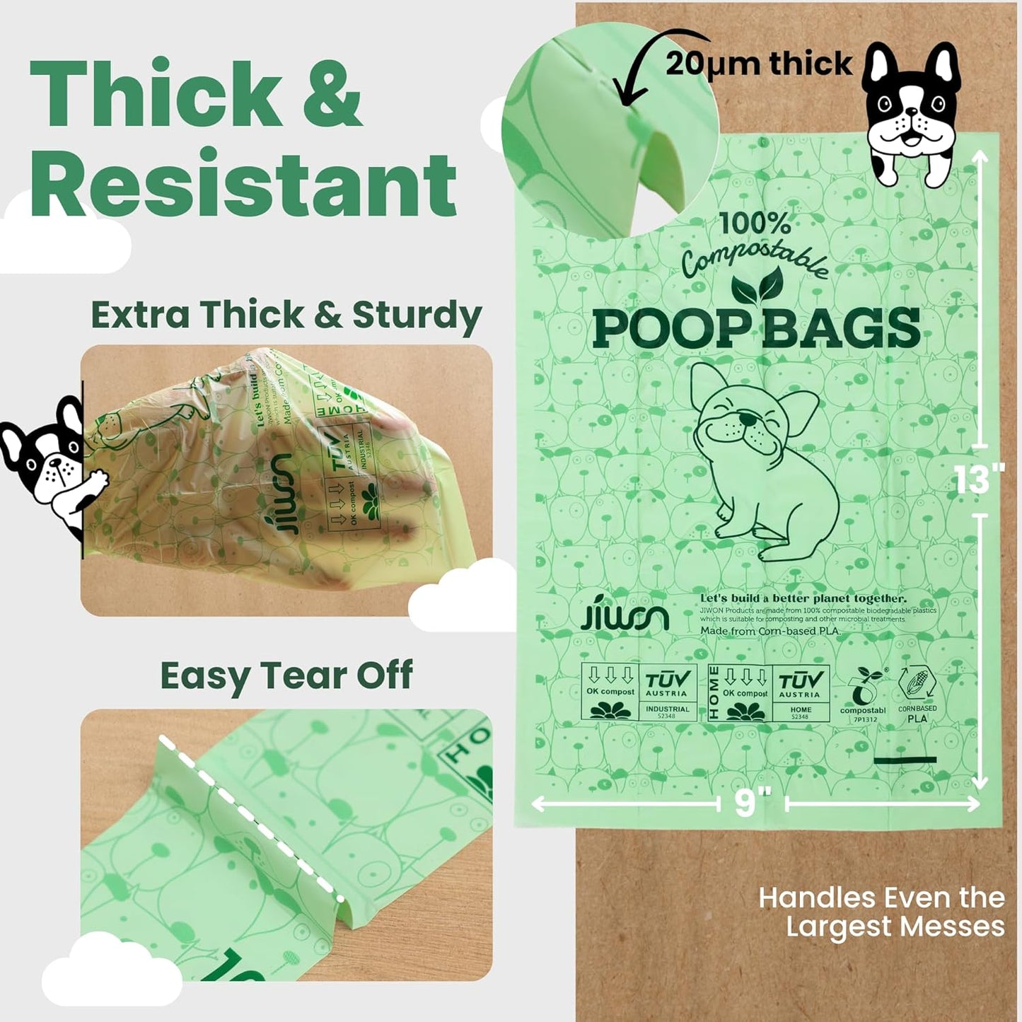 JIWON 100% Certified Home Compostable Dog Poop Bags, 120 Count (8 Rolls), 9"x13", OK Compost & Seedling, Thick & Leakproof, Plant Based Compostable Waste Bags, Unscented