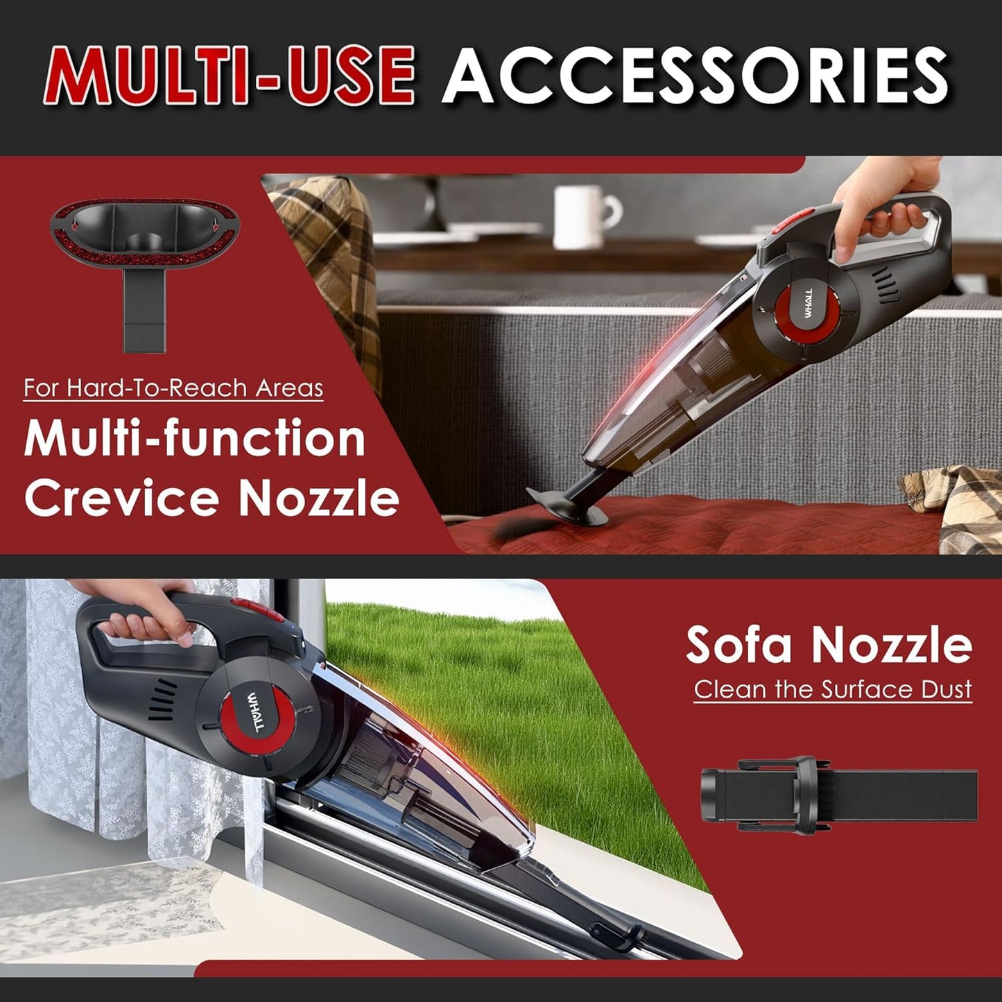 whall Handheld Cordless Car Vacuums, Wet and Dry Use 9000Pa Strong Suction Vacuums, Rechargeable Portable Vacuum Cleaner with LED, Charging Dock, Lightweight Mini Vacuum for Car, Home and Office, Red