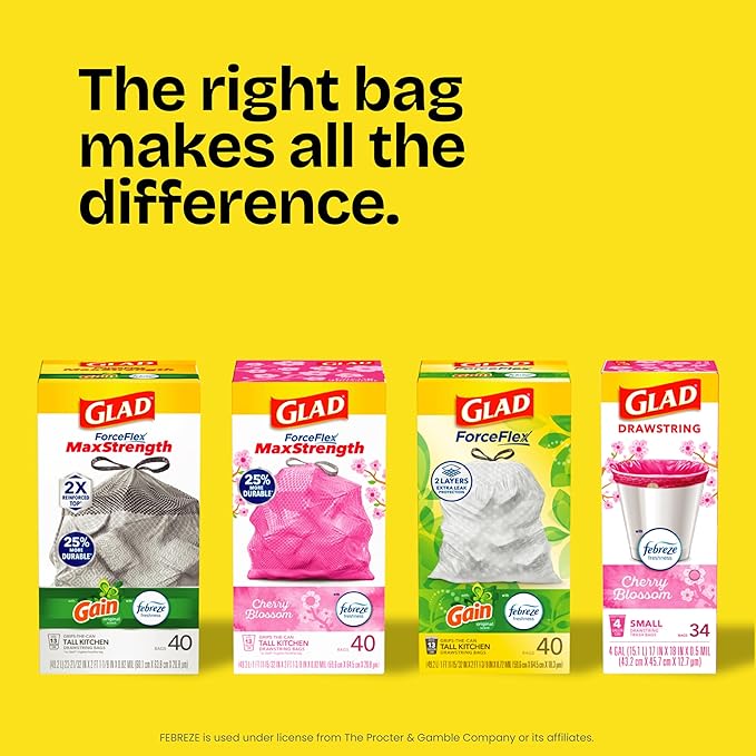 Glad ForceFlex Tall Kitchen Drawstring Trash Bags, 13 Gal, Fragrance Free, 140 Ct (Package May Vary)