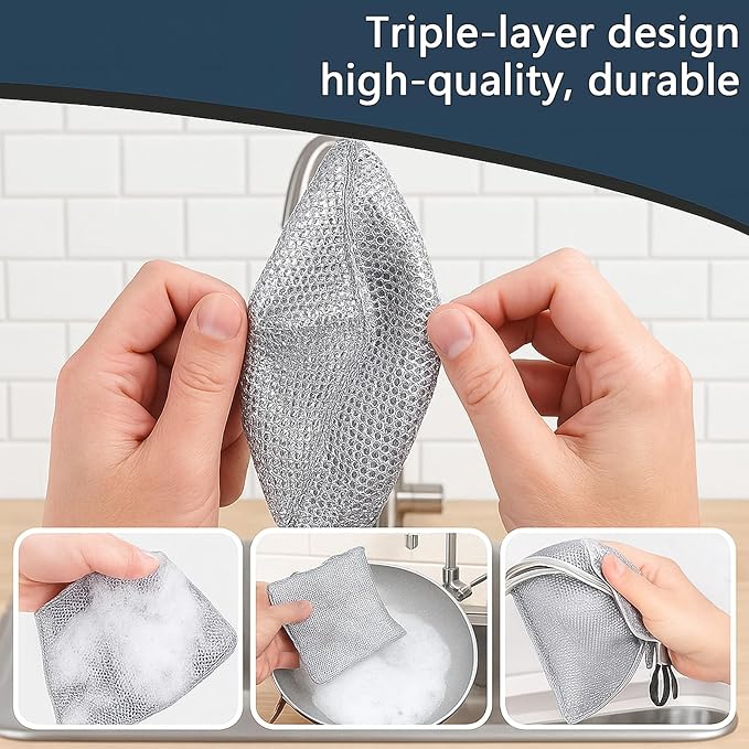 Upgraded 3-Layer Metal Dish Scrubber-6Pcs, No Scratches, Odor-Free, Multi-Purpose Stainless Steel Scouring Pad for Kitchen Cleaning – Dry & Wet Use, for Dishes, Cookware, Sinks, Stove Tops (6PCS)