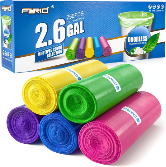 FORID Small Bathroom Trash Bags - 2.6 Gallon Colored Garbage 250 Bags 10 Liter Unscented Waste Can Liners Wastebasket Liner For Home Office (2-3 Gal) - Durable & Thick Trash Bag Multi Colored