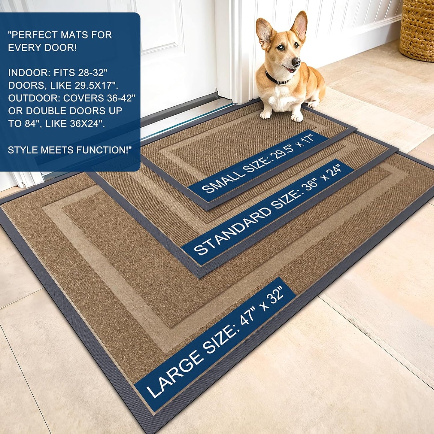 OLANLY Front Door Mat Indoor Outdoor Entrance, Waterproof All-Season, All-Weather Doormat, Sturdy Natural Rubber, Fade Resistant, Low Profile, Easy Clean Patio Porch Entryway Mat, 47x32, Light Brown